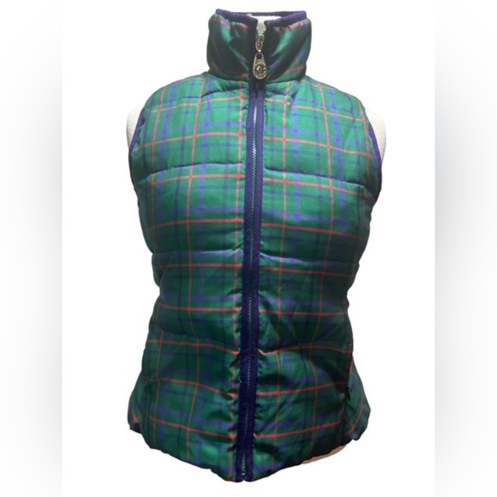 C. Wonder Green Plaid Down Puffer Vest XS Tartan Mock Neck Full Zip #145